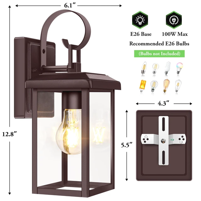 Alt view image 6 of 7 - 2-Pack Outdoor Wall Light Fixtures, Modern Porch Sconces, Brown Waterproof, Rust-Resistant, Durable Metal with Clear Glass, Standard E26 Socket, Easy to Install