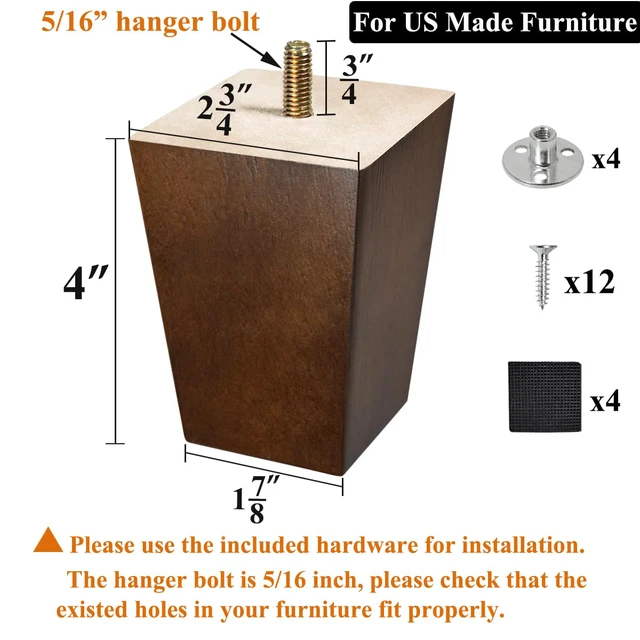 Alt view image 4 of 7 - Wood Furniture Legs, 4 inch Sofa Legs, Square Couch Legs Pack of 4, Wood Legs for Table w/Pre-drilled Hanger Bolt