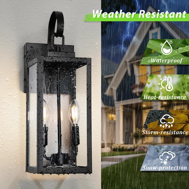Alt view image 2 of 7 - 18" Large Outdoor Wall Light, 2-Light Black Exterior Sconce Waterproof, Rust-Resistant, Durable Metal with Clear Glass, Standard E12 Socket, Easy to Install