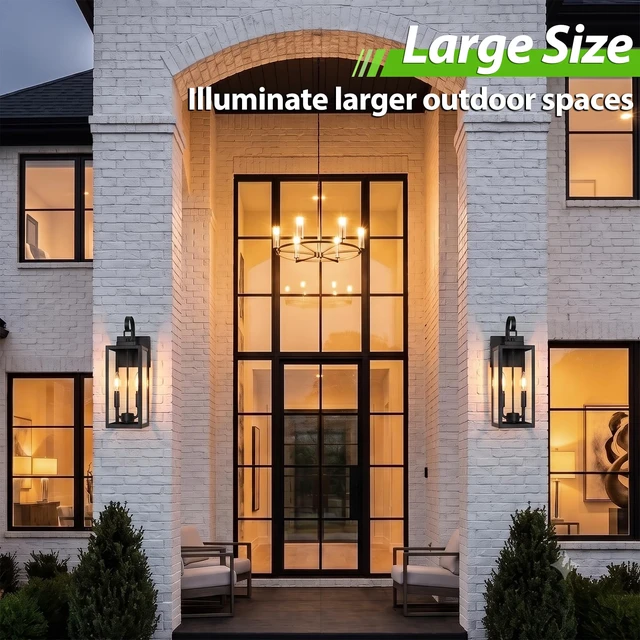 Alt view image 4 of 7 - 18" Large Outdoor Wall Light, 2-Light Black Exterior Sconce Waterproof, Rust-Resistant, Durable Metal with Clear Glass, Standard E12 Socket, Easy to Install