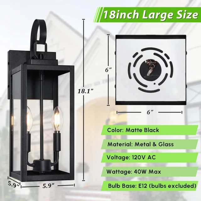 Alt view image 5 of 7 - 18" Large Outdoor Wall Light, 2-Light Black Exterior Sconce Waterproof, Rust-Resistant, Durable Metal with Clear Glass, Standard E12 Socket, Easy to Install