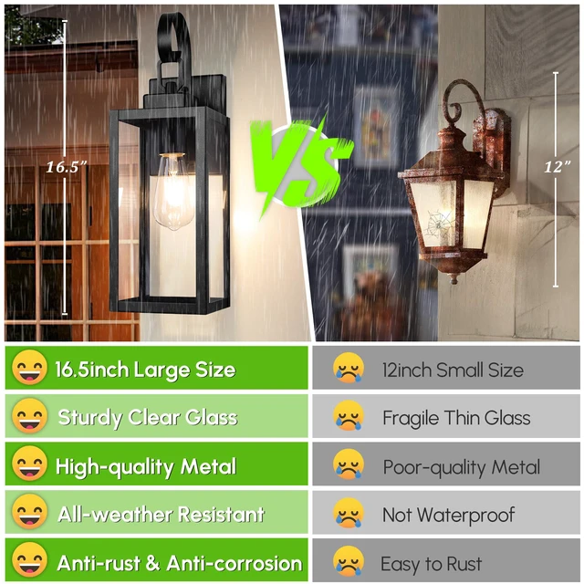Alt view image 3 of 7 - 16.5" Large Outdoor Wall Light Fixture, Modern Porch Sconce, Black Waterproof, Rust-Resistant, Durable Metal with Clear Glass, Standard E26 Socket, Easy to Install