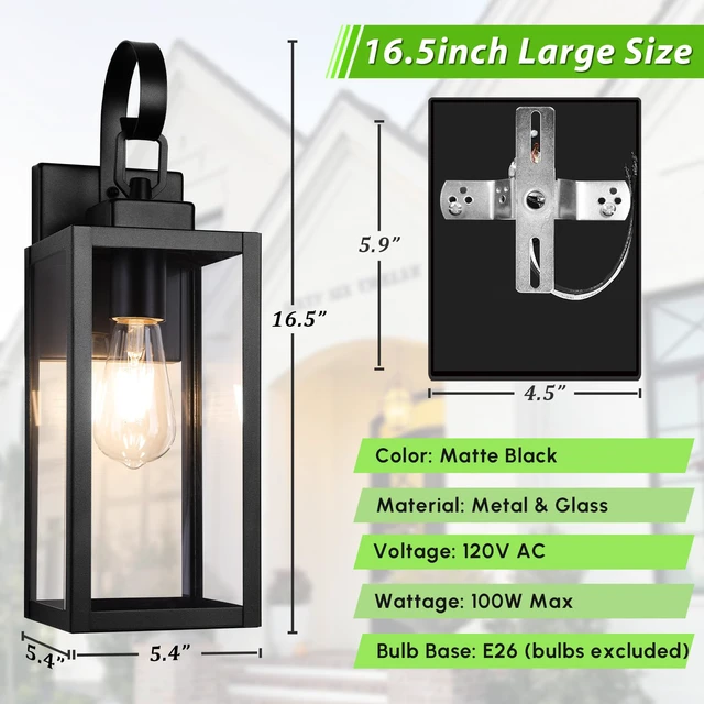 Alt view image 5 of 7 - 16.5" Large Outdoor Wall Light Fixture, Modern Porch Sconce, Black Waterproof, Rust-Resistant, Durable Metal with Clear Glass, Standard E26 Socket, Easy to Install