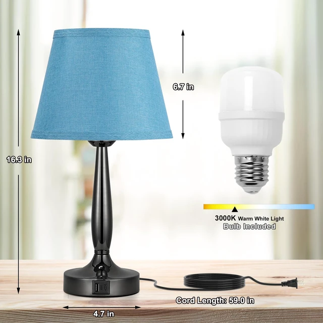 Alt view image 2 of 7 - Touch Bedside Lamp for Bedroom with USB C Port, Small Touch Table Lamp with 2 USB Charging Ports, 3 Way Dimmable Nightstand Lamp for Living Room and Office - Turquoise Blue (LED Bulb Included)