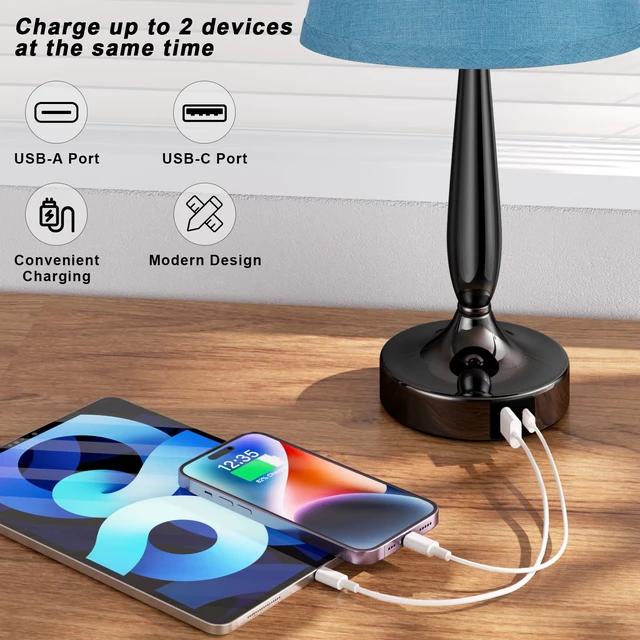 Alt view image 4 of 7 - Touch Bedside Lamp for Bedroom with USB C Port, Small Touch Table Lamp with 2 USB Charging Ports, 3 Way Dimmable Nightstand Lamp for Living Room and Office - Turquoise Blue (LED Bulb Included)