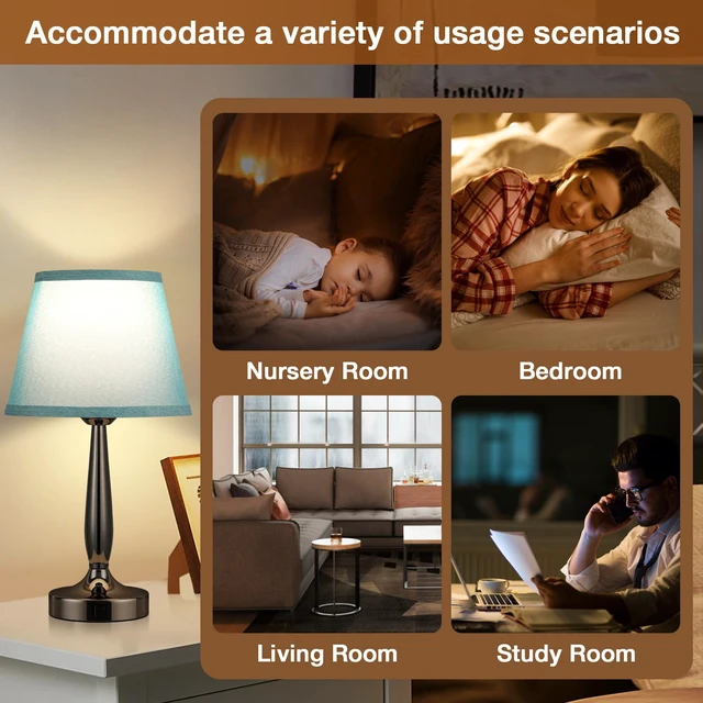 Alt view image 6 of 7 - Touch Bedside Lamp for Bedroom with USB C Port, Small Touch Table Lamp with 2 USB Charging Ports, 3 Way Dimmable Nightstand Lamp for Living Room and Office - Turquoise Blue (LED Bulb Included)