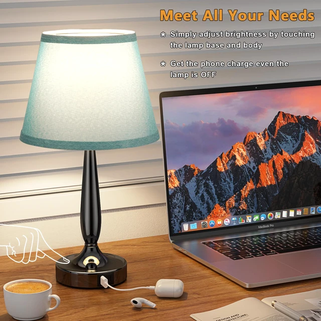 Alt view image 7 of 7 - Touch Bedside Lamp for Bedroom with USB C Port, Small Touch Table Lamp with 2 USB Charging Ports, 3 Way Dimmable Nightstand Lamp for Living Room and Office - Turquoise Blue (LED Bulb Included)