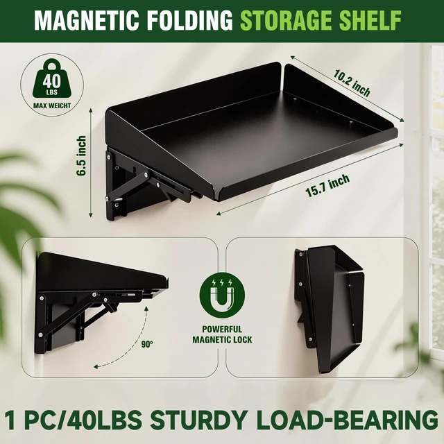 Alt view image 3 of 7 - Magnetic Folding Shelf, 40LBS Heavy Duty Magnetic Mounted Rack for Garage, Workshop, RV,Power Tools,Toolbox,1Set Storage Shelves with Lip for Workshop Kitchen Office
