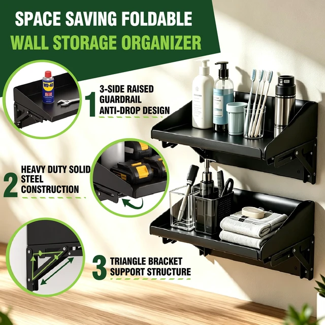 Alt view image 5 of 7 - Magnetic Folding Shelf, 40LBS Heavy Duty Magnetic Mounted Rack for Garage, Workshop, RV,Power Tools,Toolbox,1Set Storage Shelves with Lip for Workshop Kitchen Office
