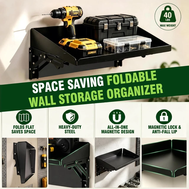 Alt view image 4 of 7 - Magnetic Folding Shelf, 40LBS Heavy Duty Magnetic Mounted Rack for Garage, Workshop, RV,Power Tools,Toolbox,1Set Storage Shelves with Lip for Workshop Kitchen Office