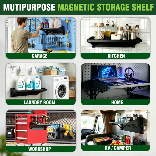 Alt view image 6 of 7 - Magnetic Folding Shelf, 40LBS Heavy Duty Magnetic Mounted Rack for Garage, Workshop, RV,Power Tools,Toolbox,1Set Storage Shelves with Lip for Workshop Kitchen Office