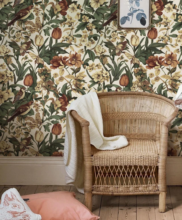 Alt view image 6 of 7 - Retro Floral and Bird Contact Paper Vintage Peel and Stick Wallpaper