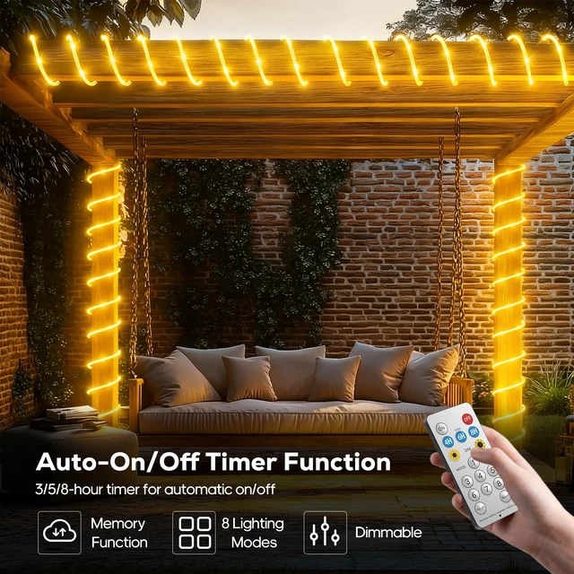 Alt view image 3 of 7 - Solar Rope Lights, 66FT 200LED Outdoor Christmas Fairy Light (Warm White) Type C & Solar, With Remote, Waterproof, Timing, 8 Modes, for for Garden Patio Porch Pool, Warm Christmas Decoration