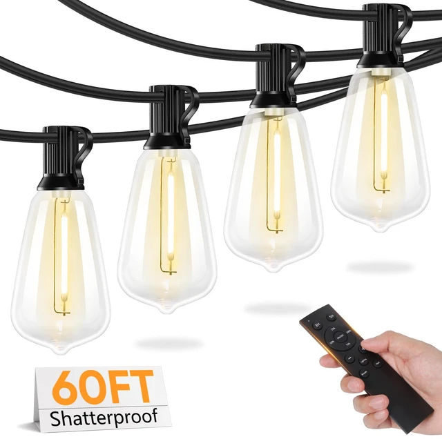 Main image of LED Outdoor String Lights with Remote, 60FT Patio Lights Outdoor Waterproof with 19 Shatterproof ST38 LED Edison Bulbs, 3 Modes 2 Timer Dimmable String Lights for Outside, Low Voltage 24V