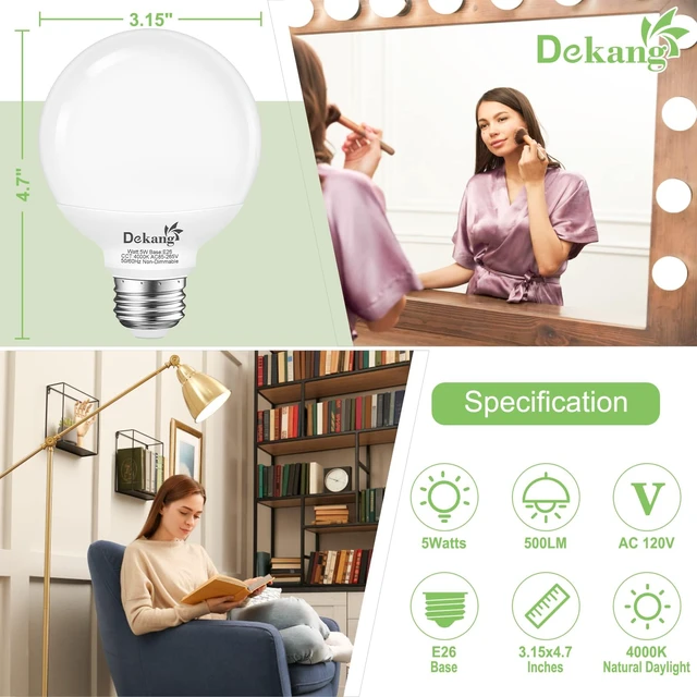 Alt view image 2 of 7 - 12 Pack LED Globe Light Bulbs 4000K Daylight E26 Base 60W Equivalent 500LM, 5W, CRI 85+, Non-dimmable Standard Base LED Globe Light bulbs for Bathroom Vanity Mirror