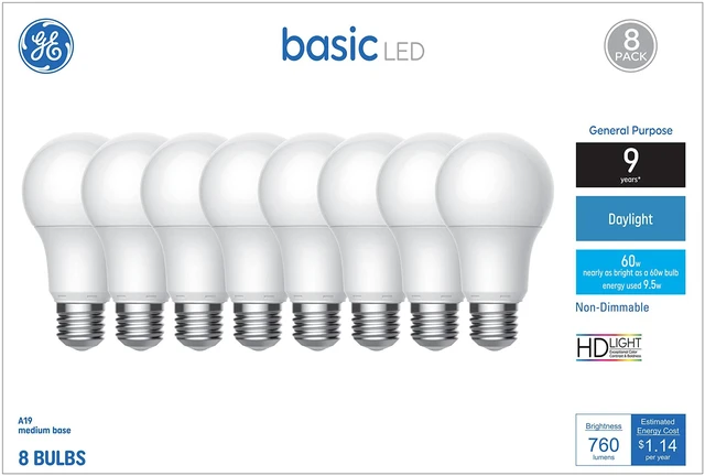Main image of Basic A19 Light Bulbs, 60W Daylight for Home, 8 Pack 5000K crisp white light, living room and kitchen ready, long-lasting, standard base