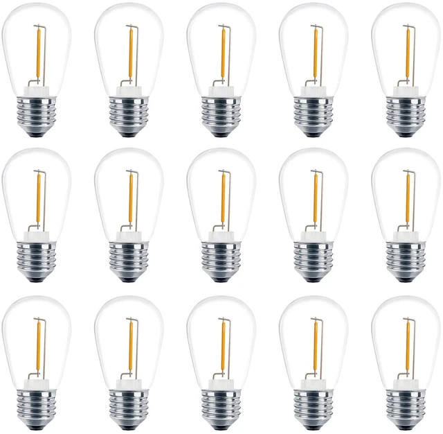 Main image of 15 Pack S14 LED Outdoor String Light Replacement Bulbs, Warm White 1W 120V, E26 Base, Shatterproof, Waterproof, 11W Equivalent Incandescent Bulbs for Patio Backyard Garden Cafe Bistro Deck