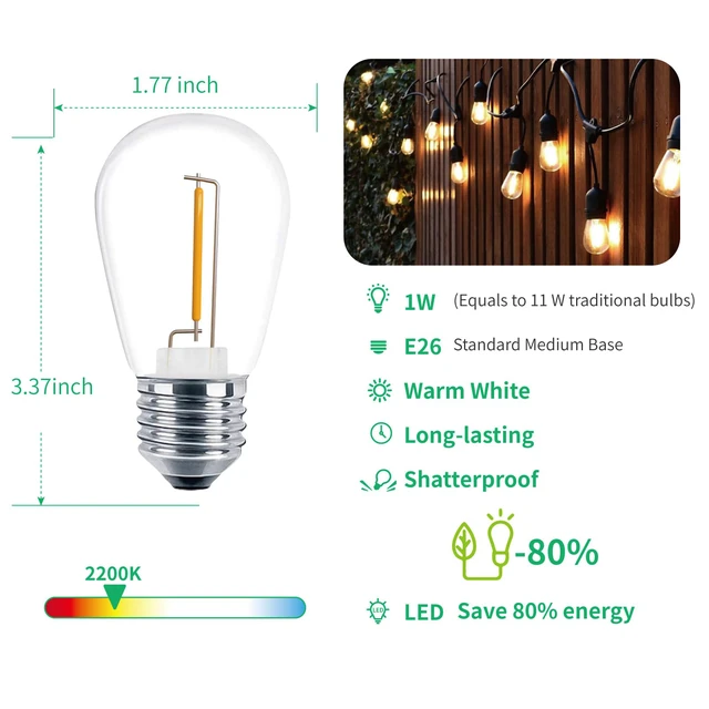 Alt view image 3 of 7 - 15 Pack S14 LED Outdoor String Light Replacement Bulbs, Warm White 1W 120V, E26 Base, Shatterproof, Waterproof, 11W Equivalent Incandescent Bulbs for Patio Backyard Garden Cafe Bistro Deck