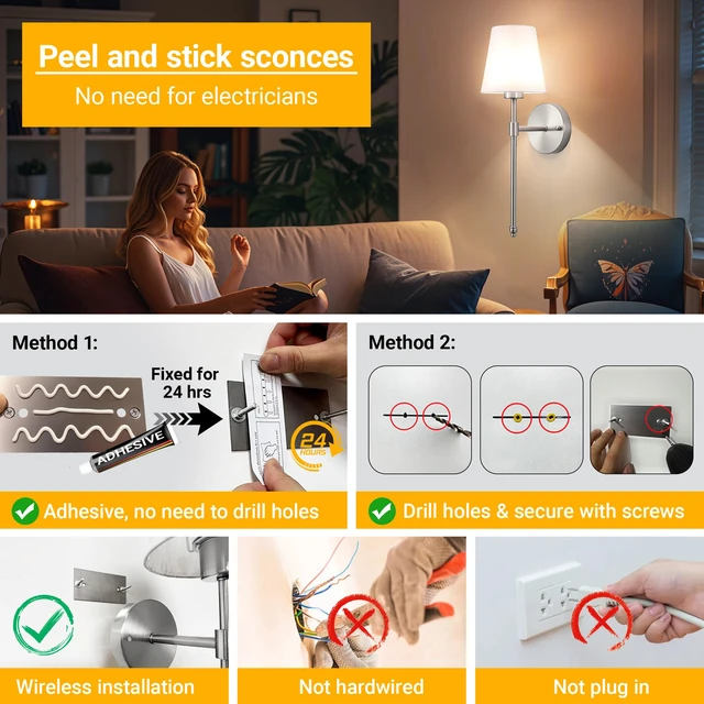 Alt view image 3 of 7 - Peel and Stick Wall Sconces, Stick On Wall Sconce Set of 2, Battery Operated Wireless Wall Light, No Drill Adhesive Wall Lamp, Corn Bulb with 10000mAh Rechargeable Battery, Bedroom Wall Decor
