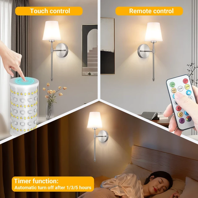 Alt view image 6 of 7 - Peel and Stick Wall Sconces, Stick On Wall Sconce Set of 2, Battery Operated Wireless Wall Light, No Drill Adhesive Wall Lamp, Corn Bulb with 10000mAh Rechargeable Battery, Bedroom Wall Decor