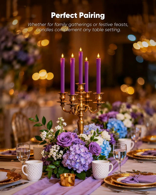 Alt view image 2 of 7 - 9.6 Inches Real Wax Purple Flameless Taper Candles with Remote Timer, 2 Pcs LED Fake Candlesticks, Battery Candle with 3D Flickering Flame for Wedding, Dinner, Xmas Anniversary Decor