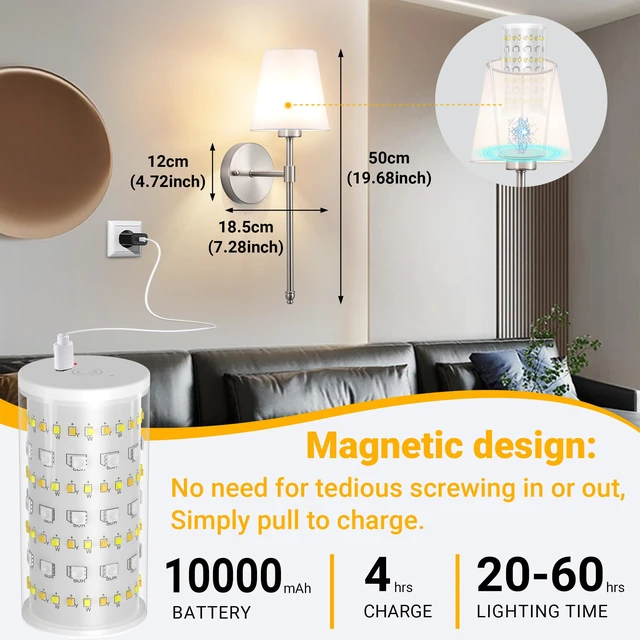 Alt view image 7 of 7 - Peel and Stick Wall Sconces, Stick On Wall Sconce Set of 2, Battery Operated Wireless Wall Light, No Drill Adhesive Wall Lamp, Corn Bulb with 10000mAh Rechargeable Battery, Bedroom Wall Decor