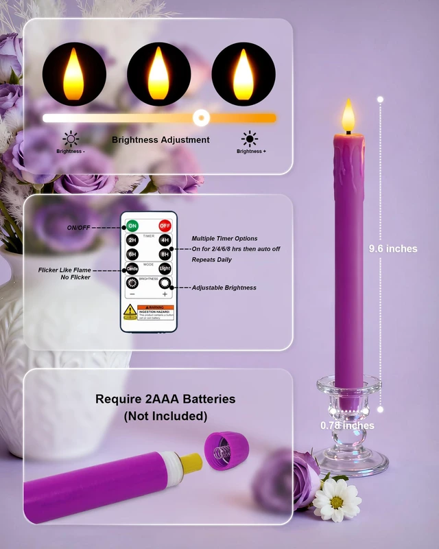Alt view image 6 of 7 - 9.6 Inches Real Wax Purple Flameless Taper Candles with Remote Timer, 2 Pcs LED Fake Candlesticks, Battery Candle with 3D Flickering Flame for Wedding, Dinner, Xmas Anniversary Decor