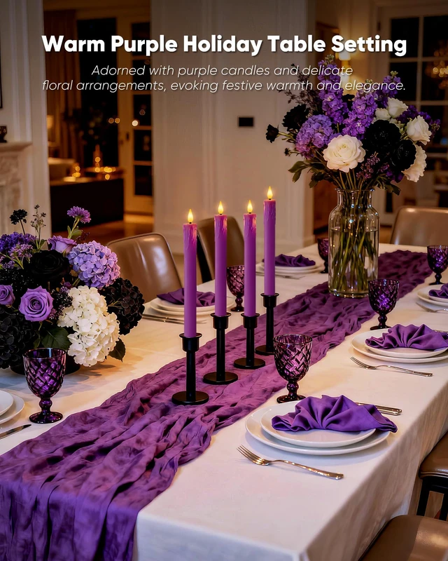 Alt view image 3 of 7 - 9.6 Inches Real Wax Purple Flameless Taper Candles with Remote Timer, 2 Pcs LED Fake Candlesticks, Battery Candle with 3D Flickering Flame for Wedding, Dinner, Xmas Anniversary Decor