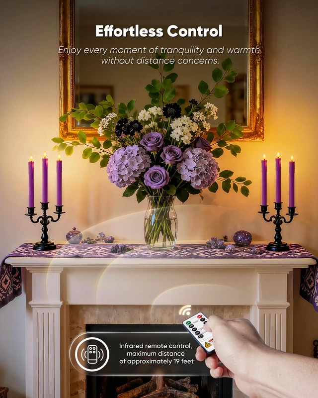 Alt view image 4 of 7 - 9.6 Inches Real Wax Purple Flameless Taper Candles with Remote Timer, 2 Pcs LED Fake Candlesticks, Battery Candle with 3D Flickering Flame for Wedding, Dinner, Xmas Anniversary Decor