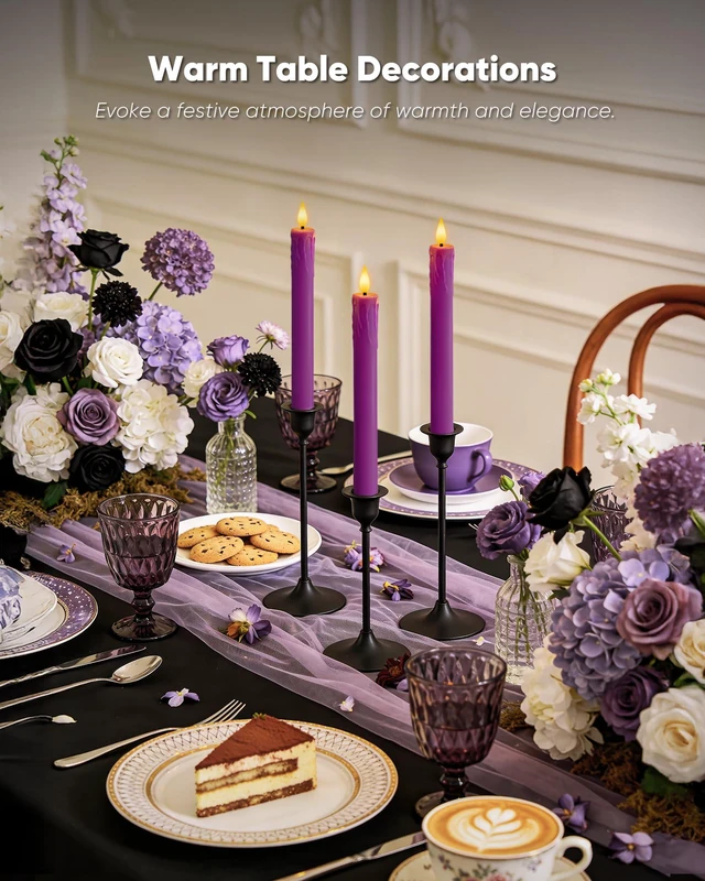 Alt view image 5 of 7 - 9.6 Inches Real Wax Purple Flameless Taper Candles with Remote Timer, 2 Pcs LED Fake Candlesticks, Battery Candle with 3D Flickering Flame for Wedding, Dinner, Xmas Anniversary Decor