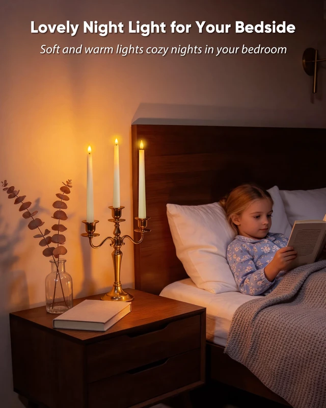 Alt view image 4 of 7 - 2 Pcs Waxy Flameless Taper Candles with Remote, Flickering Battery Operated Taper Candle, Led Flameless Candlesticks Classic Tall Candles for Home, Wedding, Party, Ivory, 9.6 inches