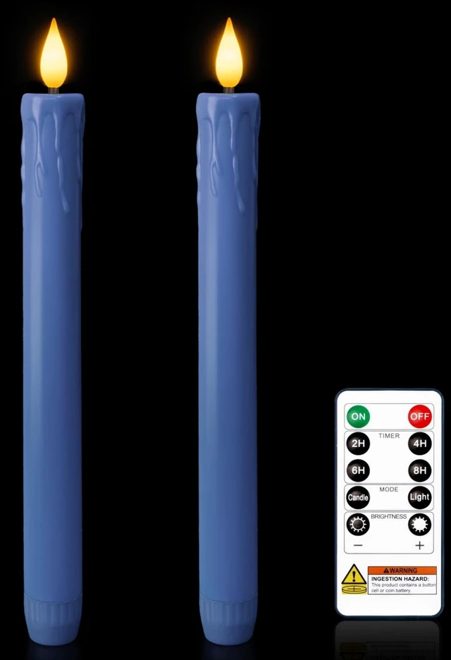 Main image of 9.6 Inches Real Wax Blue Flameless Taper Candles with Remote Timer, 2 Pcs LED Fake Candlesticks, Battery Candle with 3D Flickering Flame for Wedding, Dinner, Xmas Anniversary Decor