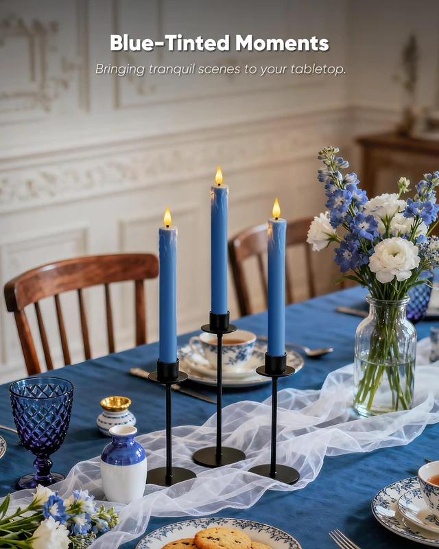 Alt view image 6 of 7 - 9.6 Inches Real Wax Blue Flameless Taper Candles with Remote Timer, 2 Pcs LED Fake Candlesticks, Battery Candle with 3D Flickering Flame for Wedding, Dinner, Xmas Anniversary Decor