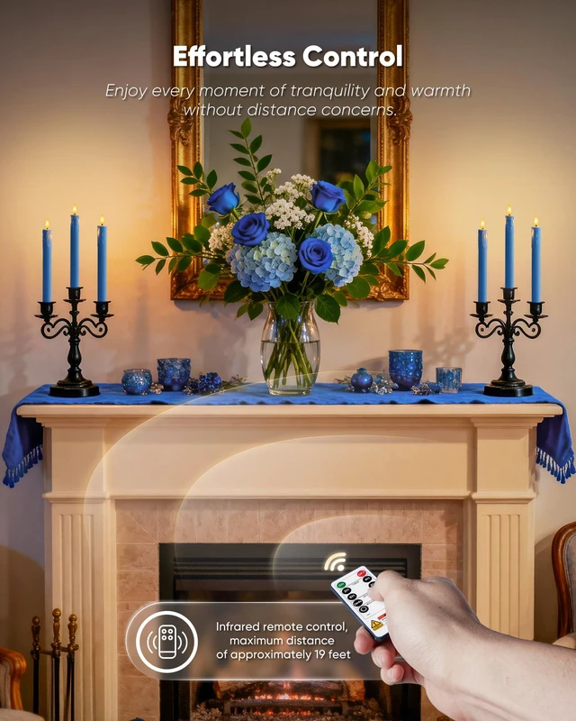 Alt view image 7 of 7 - 9.6 Inches Real Wax Blue Flameless Taper Candles with Remote Timer, 2 Pcs LED Fake Candlesticks, Battery Candle with 3D Flickering Flame for Wedding, Dinner, Xmas Anniversary Decor