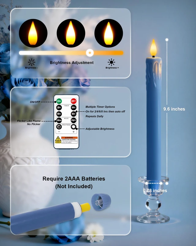 Alt view image 4 of 7 - 9.6 Inches Real Wax Blue Flameless Taper Candles with Remote Timer, 2 Pcs LED Fake Candlesticks, Battery Candle with 3D Flickering Flame for Wedding, Dinner, Xmas Anniversary Decor