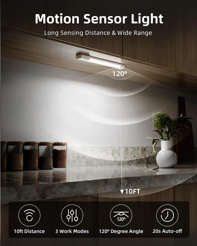 Alt view image 2 of 7 - Under Cabinet Lighting, Wireless Closet Lights, 50 LED Rechargeable Motion Sensor Light, Dimmable, 3 Color Temperatures, 11.8 inch Counter lights for Kitchen, Pantry, Bedroom, Wardrobe (3 Pack)