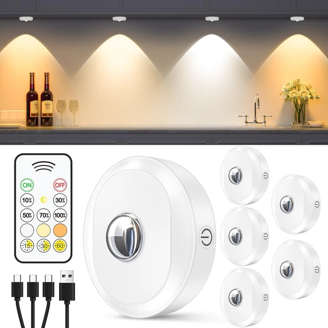 Main image of Rechargeable Puck Lights with Remote Control, 3 Color Temperatures and Timing Function, Dimmable Tap Light, Stick on Under Cabinet Lights, LED Puck Lights for Kitchen, Closet and Shelf(6 Pack)