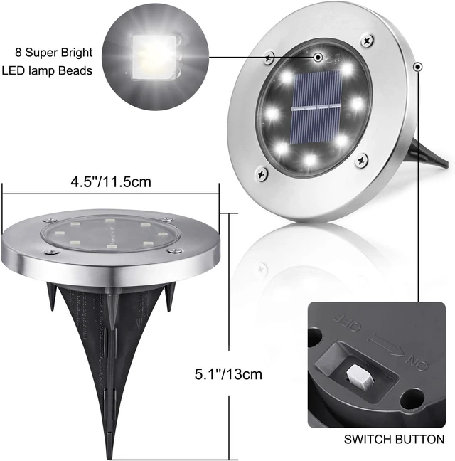 Alt view image 3 of 7 - Solar Ground Lights Outdoor, 12 Pack 8 LED Solar Disk Lights Waterproof Garden In-ground Pathway Light Landscape Lighting for Lawn,Yard,Deck,Patio,Walkway (White)
