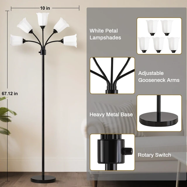 Alt view image 6 of 7 - Medusa Floor Lamp, Multi Head Modern Tall Lamp for Living Room Standing Lamps with Adjustable Gooseneck Lamps for Kids Room & Bedroom Bulb Not Included