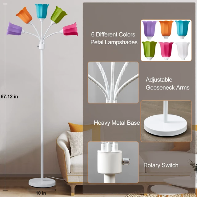Alt view image 6 of 7 - Medusa LED Floor Lamp, Multi Head Modern Tall Lamp with Adjustable Gooseneck Standing Lamps for Living Room Bedroom Kids Room Office 6 Color Lampshades Bulb Not Included(White)