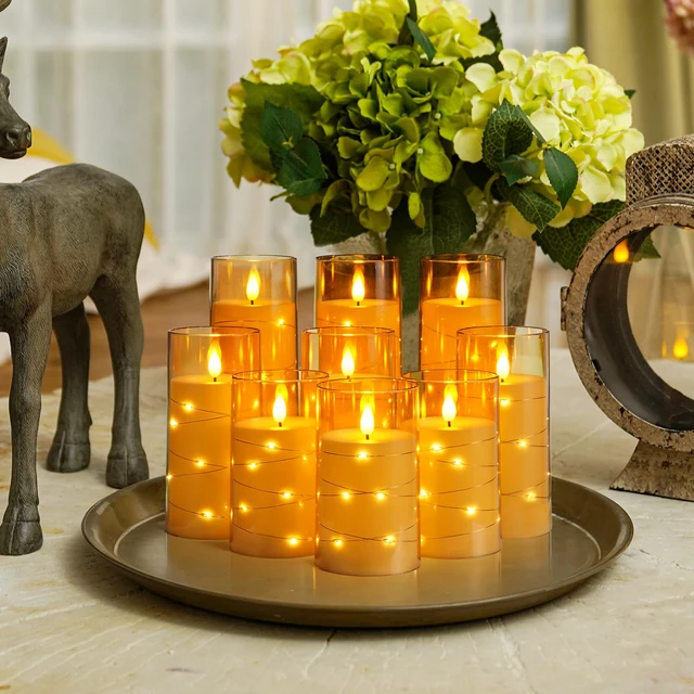 Alt view image 2 of 7 - Flickering Flameless Candles, Gold LED Pillar Candles with Remote 9 Pack Timer Candles Battery Operated with Embedded Star String Lights for Halloween, Christmas & Indoor Holiday Home Decor