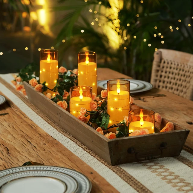Alt view image 5 of 7 - Flickering Flameless Candles, Gold LED Pillar Candles with Remote 9 Pack Timer Candles Battery Operated with Embedded Star String Lights for Halloween, Christmas & Indoor Holiday Home Decor