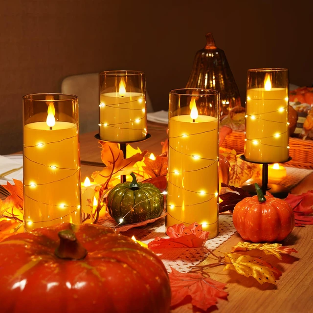 Alt view image 3 of 7 - Flickering Flameless Candles, Gold LED Pillar Candles with Remote 9 Pack Timer Candles Battery Operated with Embedded Star String Lights for Halloween, Christmas & Indoor Holiday Home Decor