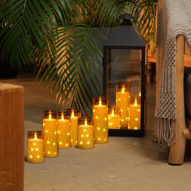 Alt view image 6 of 7 - Flickering Flameless Candles, Gold LED Pillar Candles with Remote 9 Pack Timer Candles Battery Operated with Embedded Star String Lights for Halloween, Christmas & Indoor Holiday Home Decor