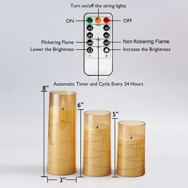 Alt view image 7 of 7 - Flickering Flameless Candles, Gold LED Pillar Candles with Remote 9 Pack Timer Candles Battery Operated with Embedded Star String Lights for Halloween, Christmas & Indoor Holiday Home Decor