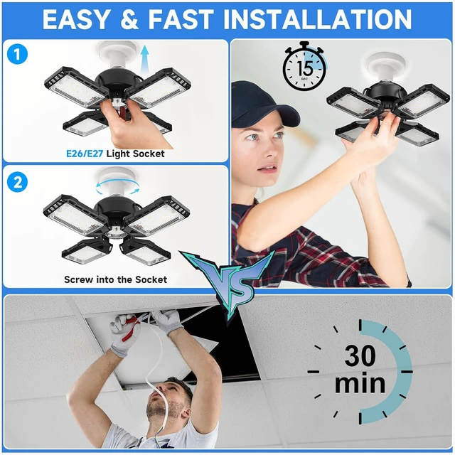 Alt view image 5 of 7 - LED Garage Lights 1 Pack -120W, 12000LM 6500K Led Shop Light with 4+1 Deformable Panels, Basement Barn Light Garages Ceiling Lights, E26/E27 for Garage, Warehouse, Shop