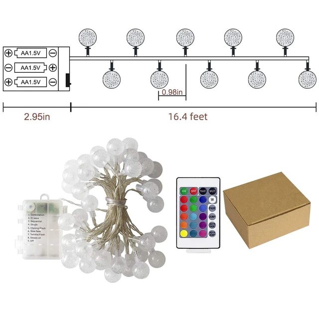 Alt view image 7 of 7 - 16.4ft 50LED Battery Operated Fairy Light with Remote Color Changing Outdoor String Lights Waterproof Indoor Outdoor Hanging Globe Decorative Christmas for Patio Gazebo Bistro Garden Balcony