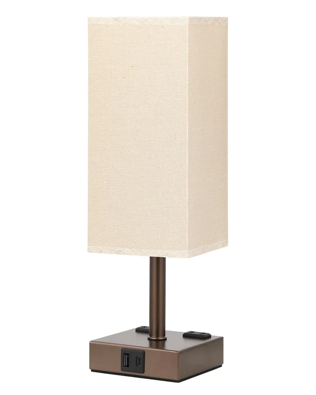 Alt view image 2 of 7 - Brown Touch Table Lamp for Bedroom - Dimmable, USB C+A, 2 AC Outlets 3-Way Dimming, 3000K Bulb Included, Square Brown Lampshade and Black Base, Desk Lamp for Nightstand, Living Room, Dorm