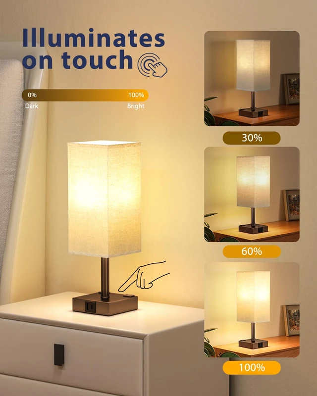 Alt view image 4 of 7 - Brown Touch Table Lamp for Bedroom - Dimmable, USB C+A, 2 AC Outlets 3-Way Dimming, 3000K Bulb Included, Square Brown Lampshade and Black Base, Desk Lamp for Nightstand, Living Room, Dorm