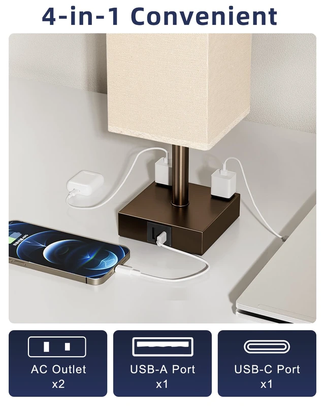 Alt view image 3 of 7 - Brown Touch Table Lamp for Bedroom - Dimmable, USB C+A, 2 AC Outlets 3-Way Dimming, 3000K Bulb Included, Square Brown Lampshade and Black Base, Desk Lamp for Nightstand, Living Room, Dorm